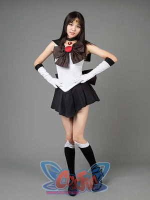 Sailor Moon Sailor Pluto Meiou Setsuna cosplay costume front pose sets a dark bow over the white bodice