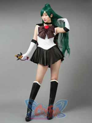 Sailor Moon Sailor Pluto Meiou Setsuna cosplay costume full front view balances the dark bow over black pleats