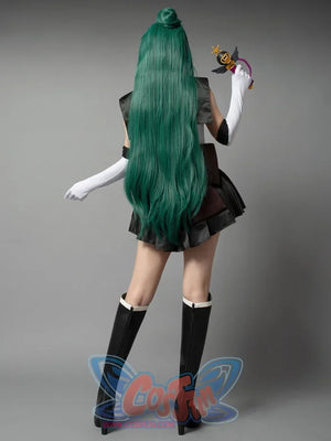 Sailor Moon Sailor Pluto Meiou Setsuna cosplay costume back view sets long green hair over the black skirt
