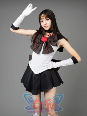 Sailor Moon Sailor Pluto Meiou Setsuna cosplay costume salute front view centers a dark bow above black pleats