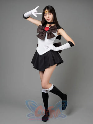 Sailor Moon Sailor Pluto Meiou Setsuna cosplay costume salute pose frames a dark bow above the white bodice