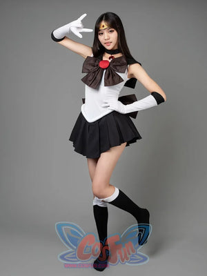 Sailor Moon Sailor Pluto Meiou Setsuna cosplay costume salute pose frames a dark bow above the white bodice