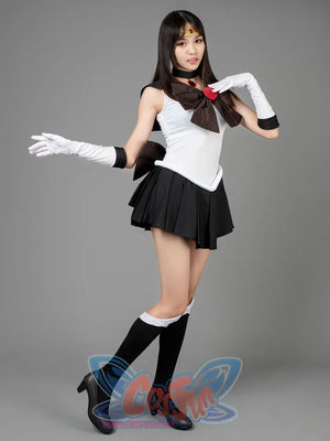 Sailor Moon Sailor Pluto Meiou Setsuna cosplay costume side pose lets the black skirt angle below the white bodice