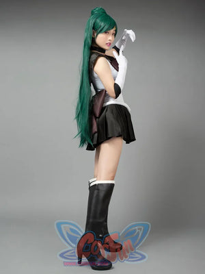 Sailor Moon Sailor Pluto Meiou Setsuna cosplay costume side profile sets the black skirt below a white bodice