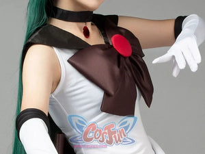 Sailor Moon Sailor Pluto Meiou Setsuna cosplay collar bow is framed by white fabric and a red gem-like center