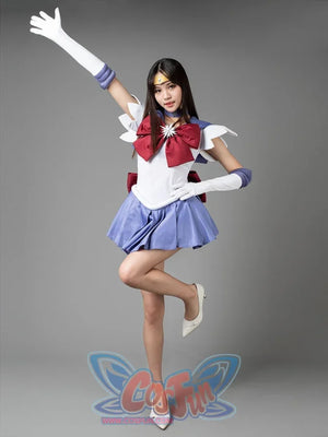 Sailor Saturn Tomoe Hotaru cosplay costume action pose lets lavender pleats flare below the burgundy bow