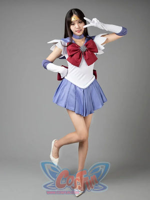 Sailor Saturn Tomoe Hotaru cosplay costume angled pose layers white sleeves around the lavender skirt