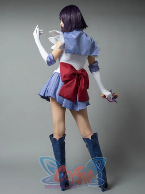 Sailor Saturn Tomoe Hotaru cosplay costume back pose layers the lavender collar over a burgundy waist bow