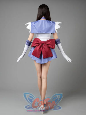 Sailor Saturn Tomoe Hotaru cosplay costume back view frames the lavender collar above a burgundy waist bow