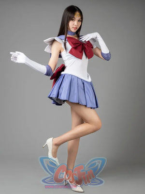 Sailor Saturn Tomoe Hotaru cosplay costume front pose centers the burgundy bow over lavender pleats