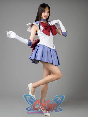 Sailor Saturn Tomoe Hotaru cosplay costume front pose centers the burgundy bow over lavender pleats