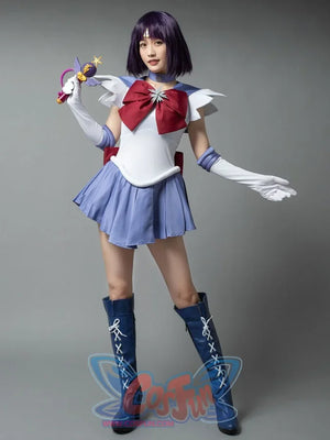Sailor Saturn Tomoe Hotaru cosplay costume full front view sets the burgundy bow above lavender pleats