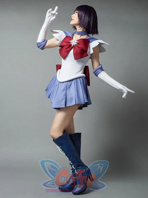 Sailor Saturn Tomoe Hotaru cosplay costume side pose draws the burgundy bow across the lavender skirt