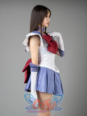 Sailor Saturn Tomoe Hotaru cosplay costume side view sets the burgundy waist bow against lavender pleats