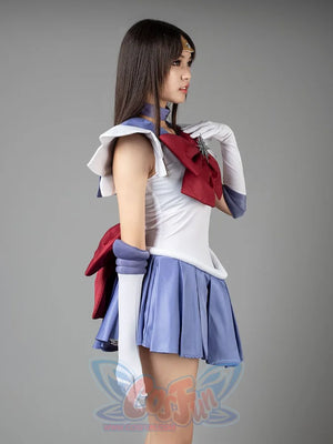 Sailor Saturn Tomoe Hotaru cosplay costume side view sets the burgundy waist bow against lavender pleats