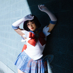 Sailor Saturn Tomoe Hotaru cosplay costume styled pose lets the burgundy bow flow into lavender skirt panels