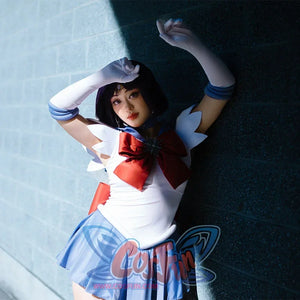 Sailor Saturn Tomoe Hotaru cosplay costume styled pose lets the burgundy bow flow into lavender skirt panels