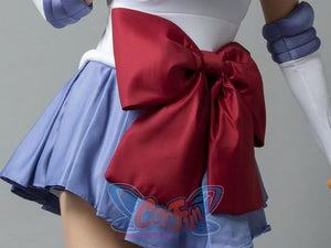 Back detail of the Sailor Saturn Tomoe Hotaru cosplay costume anchors a burgundy waist bow over lavender pleats