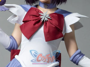 Close-up of the Sailor Saturn Tomoe Hotaru cosplay costume chest bow framed by white sleeves above lavender trim