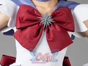 Close-up of the Sailor Saturn Tomoe Hotaru cosplay costume bow, burgundy fabric accented by a star motif