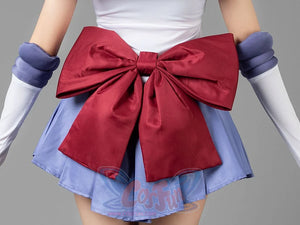 Close-up of the Sailor Saturn Tomoe Hotaru cosplay costume waist bow set over lavender pleats