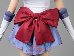Close-up of the Sailor Saturn Tomoe Hotaru cosplay costume waist bow set over lavender pleats