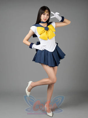 Sailor Uranus Tenoh Haruka cosplay costume angled pose frames the white bodice in navy skirt folds