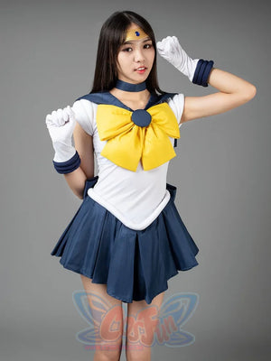 Sailor Uranus Tenoh Haruka cosplay costume front pose anchors the yellow bow above crisp navy pleats