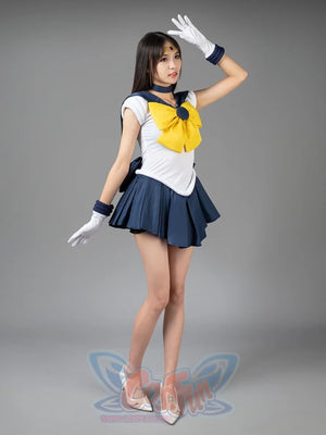 Sailor Uranus Tenoh Haruka cosplay costume side pose sets the sailor collar over navy skirt movement