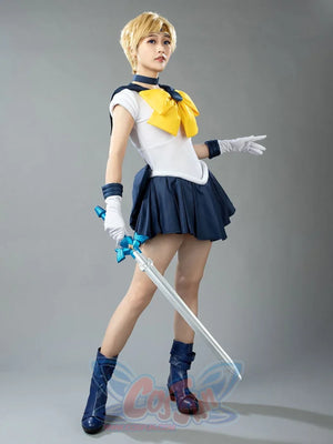 Sailor Uranus Tenoh Haruka cosplay costume side view sets the yellow bow against the navy skirt