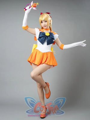 Sailor Venus Aino Minako cosplay costume action pose lets the orange skirt fan beneath the sailor bodice