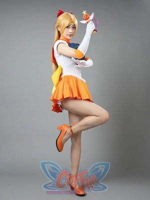 Sailor Venus Aino Minako cosplay costume angled action pose frames the white bodice in orange skirt movement