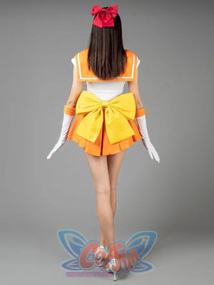Sailor Venus Aino Minako cosplay costume back view lets the orange collar frame a large yellow waist bow