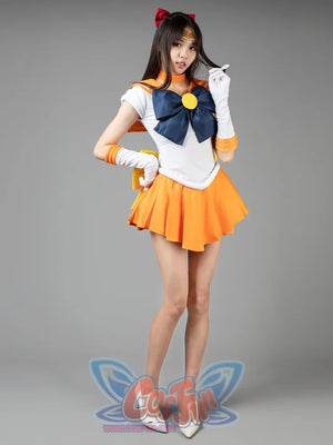 Sailor Venus Aino Minako cosplay costume front view layers a navy bow above the orange pleated skirt