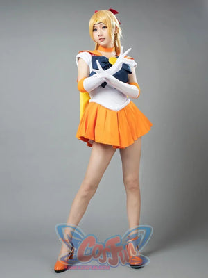 Sailor Venus Aino Minako cosplay costume full front view sets a navy chest bow above orange pleats