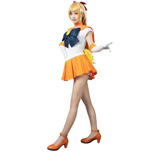 COSFUN Sailor Venus Aino Minako cosplay costume sets a navy bow over a white bodice and orange skirt