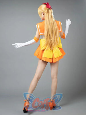 Sailor Venus Aino Minako cosplay costume back view aligns the orange collar above the yellow waist bow
