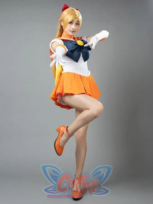 Sailor Venus Aino Minako cosplay costume side action view layers orange pleats beneath the fitted bodice