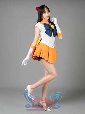 Sailor Venus Aino Minako cosplay costume side pose sets the sailor collar against orange skirt layers