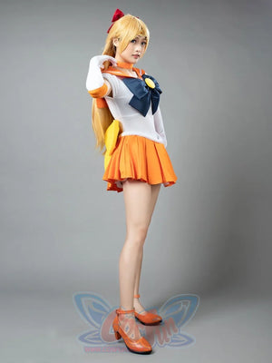Sailor Venus Aino Minako cosplay costume side view lets the orange skirt flare below the sailor bodice
