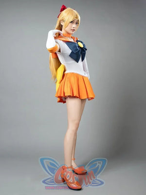Sailor Venus Aino Minako cosplay costume side view lets the orange skirt flare below the sailor bodice