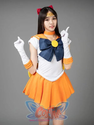 Sailor Venus Aino Minako cosplay costume upper view centers the navy bow above yellow trim beside gloves