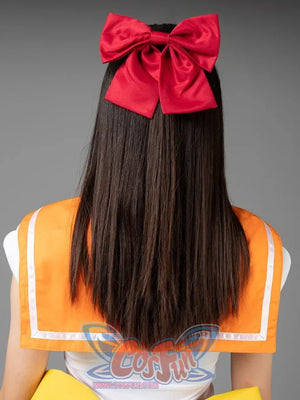 Back detail of the Sailor Venus Aino Minako cosplay costume frames the red hair bow above the orange collar