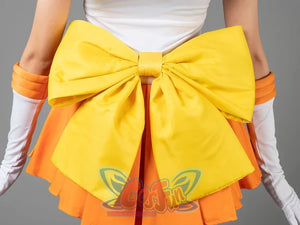 Close-up of the Sailor Venus Aino Minako cosplay costume waist bow set over the orange pleated skirt