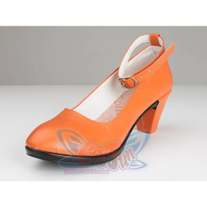 Sailor Venus Aino Minako cosplay shoe angled view frames the orange toe and ankle strap