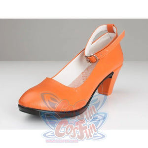 Sailor Venus Aino Minako cosplay shoe angled view frames the orange toe and ankle strap
