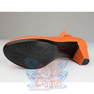 Sailor Venus Aino Minako cosplay shoe sole view reveals black tread beneath the orange upper