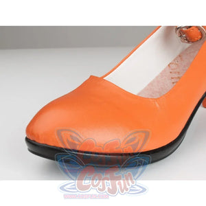 Sailor Venus Aino Minako cosplay shoe toe detail focuses on orange faux leather and black sole