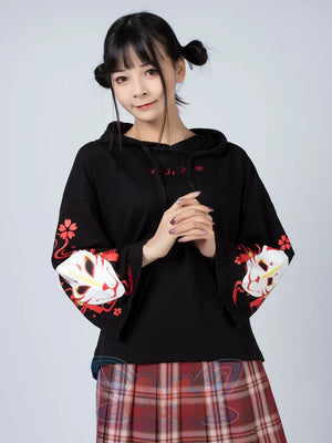 Sakura Fox Mask Print Drawstring Hoodie Mp006002 Sweatshirt
