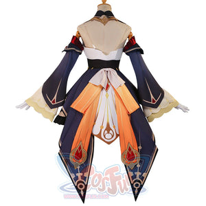 Back full view of Sandrone cosplay costume with navy sleeves, white skirt, black waist, bow ties, and orange panels